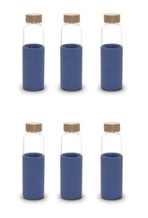 Kuber Industries Water Bottle | Glass Bottle | Sleeve Protection Bottle | Bamboo Lid Water Bottle | Travel Round Bottle | 550 ML | Set of 6 | Blue